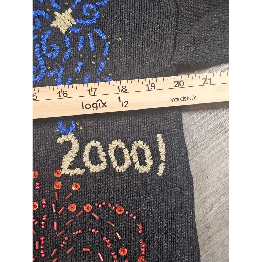 Vintage Y2K Happy 2000 Millennium Fireworks Cardigan Sweater Beaded Sequin Party - Picture 9 of 10